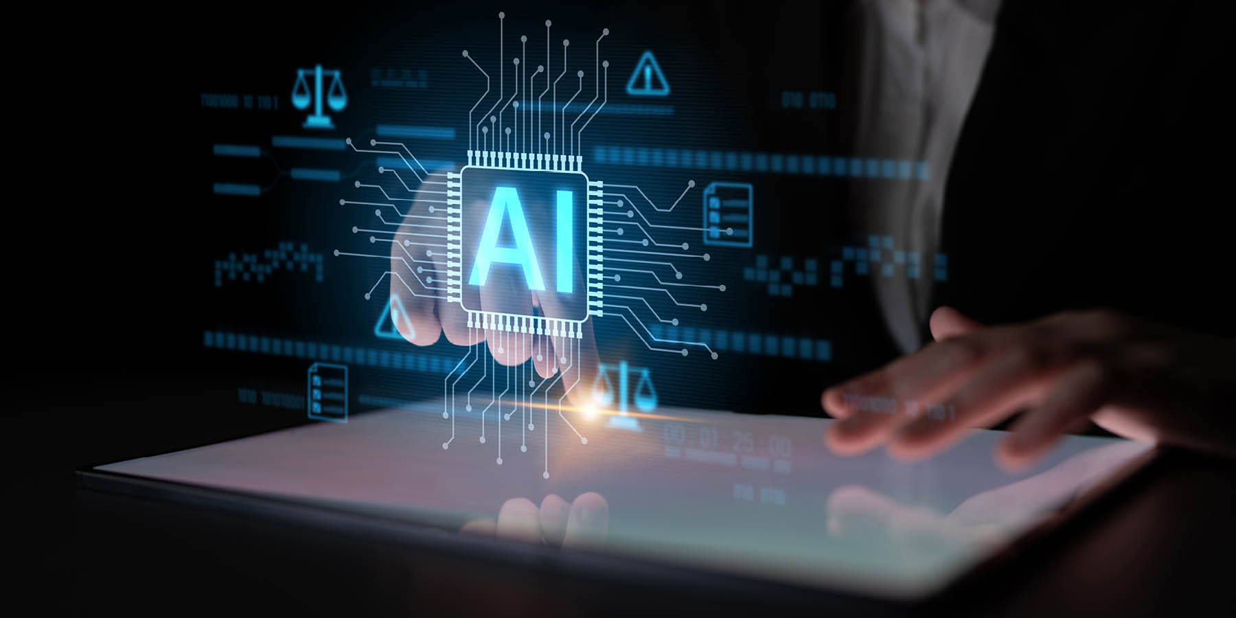 Ein Mann mit Anzug tippt auf einem Tablet, aus dem hologrammartig die Buchstaben AI hervortreten.