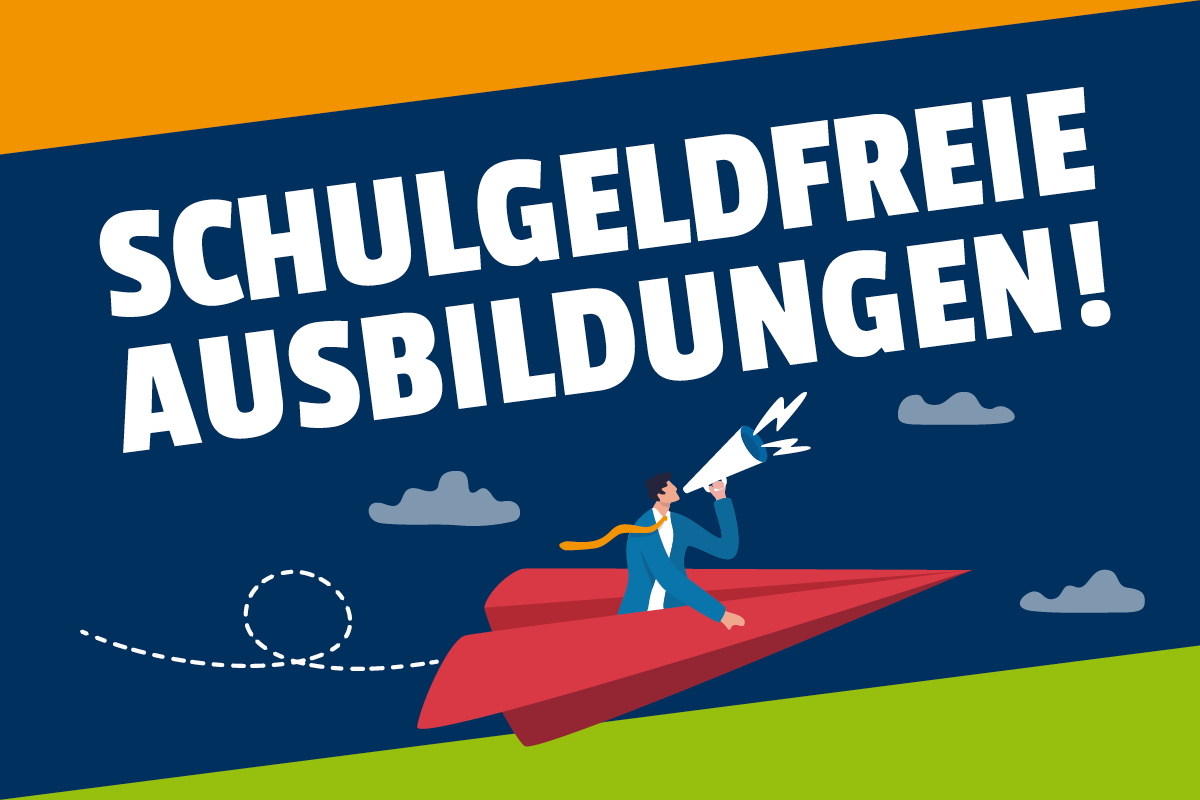 Eine Illustration, die schulgeldfreie Ausbildungen auf ansprechende Weise bewirbt. 
