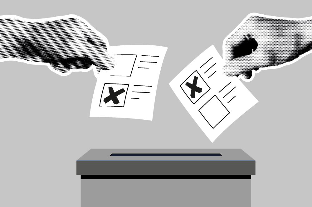 Auf der Grafik, die komplett in grau gehalten ist, ist eine Wahlurne gezeichnet. Zwei fotografierte Hände halten symbolisch Stimmzettel in der Hand, auf denen jeweils ein Kreuz in einem Kästchen ist. Die Hände bewegen die Zettel in Richtung der Öffnung der Wahlurne.