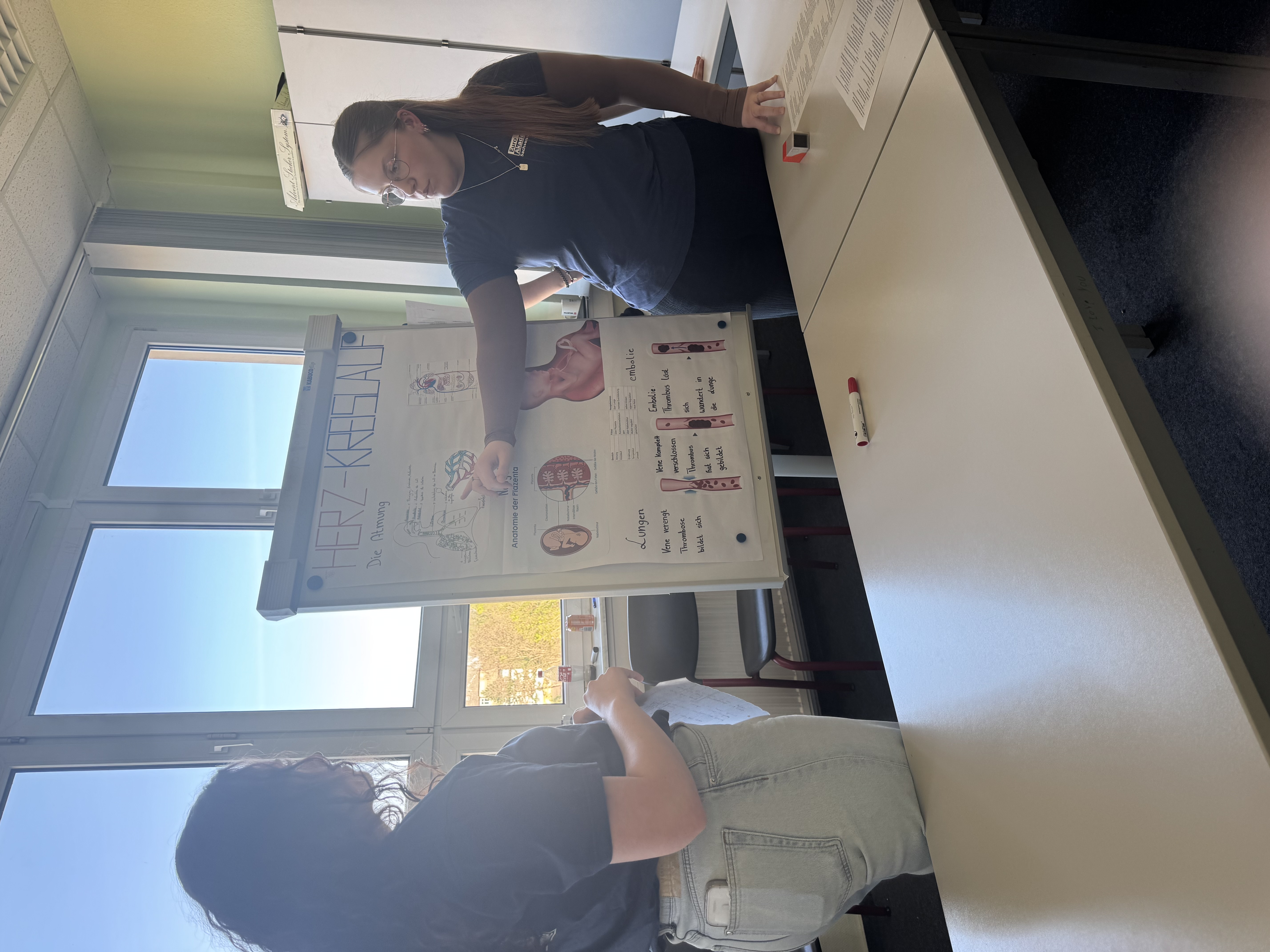 An einem Flipchart hängt ein Poster zum Thema "Herz-Kreislauf"; eine junge Frau deutet mit dem Finger darauf, während eine andere junge Frau zusieht.