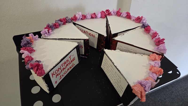 Mehrere dreieckige Kartonstücke sind zu einem Kreis angeordnet und erinnern an ein aufgeschnittenes Tortenstück. Die Oberflächen sind weiß, die Seiten mit handgeschriebenem Text und farbigem Papier in Rosa- und Lilatönen dekoriert. Die Stücke sind an den Kanten mit zerknülltem Papier verziert. Im Hintergrund ist eine weiße Wand zu sehen.