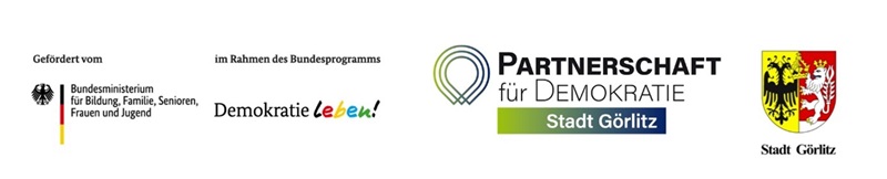 Logos deutscher Organisationen, die die Demokratie unterstützen, darunter das Bundesministerium für Familie, die Partnerschaft für Demokratie und die Stadt Görlitz.