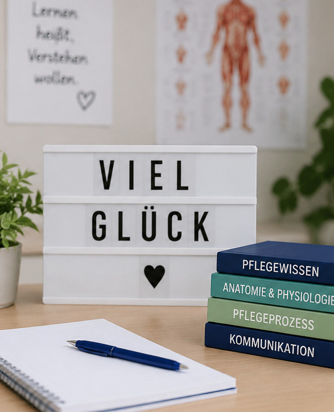 Ein Tisch mit Notizblock, Stift und Pflege-Fachbüchern; daneben steht eine Leuchtbox mit der Aufschrift „Viel Glück“.