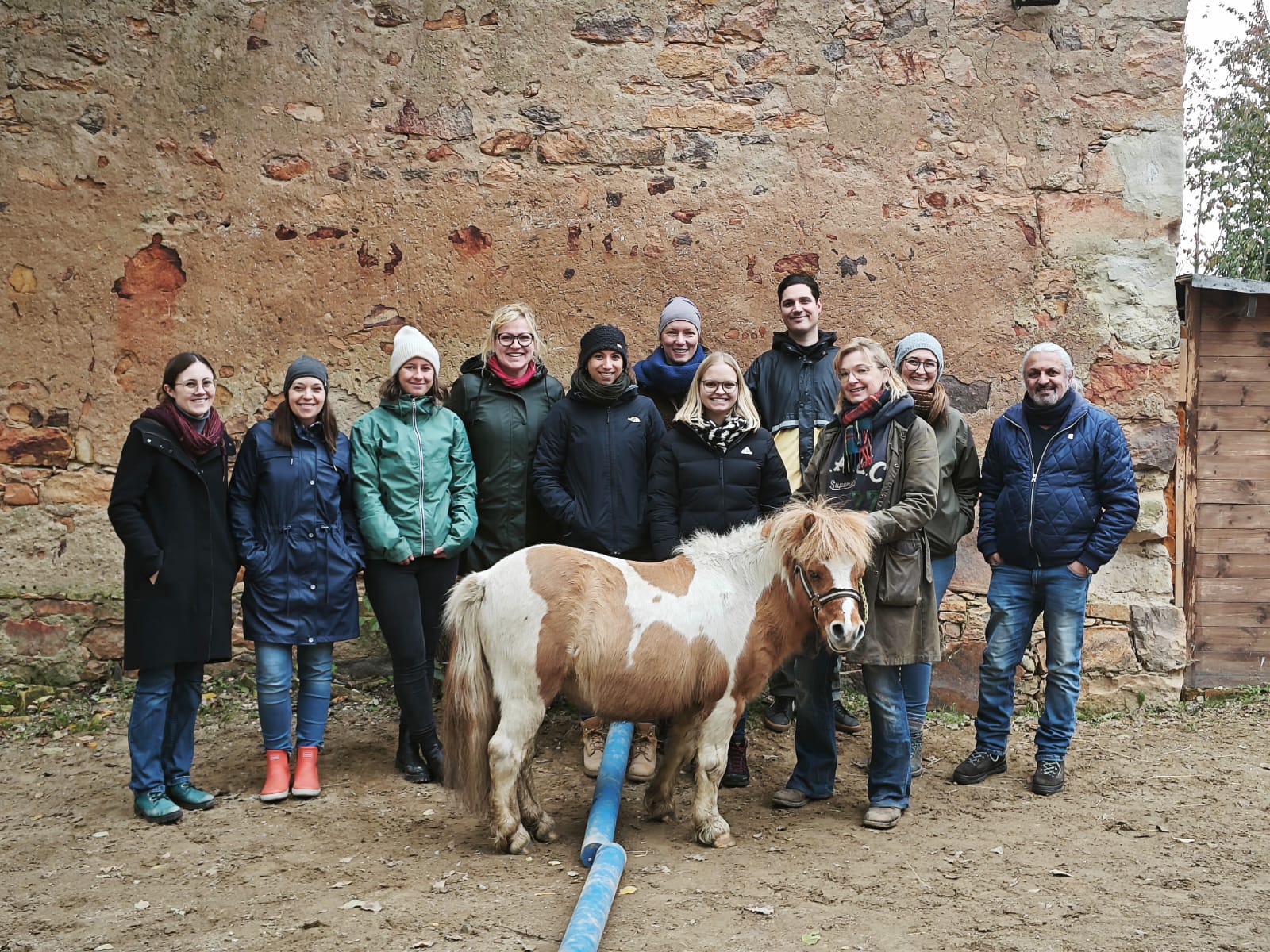 Gruppenfoto vor einer alten Sandsteinmauer: zwölf Personen posieren, in der Mitte steht ein braun-weißes Mini-Pony mit Halfter.