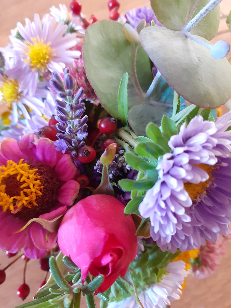 Verschiedene bunte Blumen, darunter eine rote Rose, lila Astern, gelbe und weiße Blüten sowie Lavendel, sind zu einem Strauß gebunden. Einzelne Eukalyptusblätter und rote Beeren ergänzen das Arrangement. Die Aufnahme zeigt die Blumen aus der Nähe, sodass Details der Blütenblätter und Blätter gut erkennbar sind. Der Hintergrund ist unscharf.