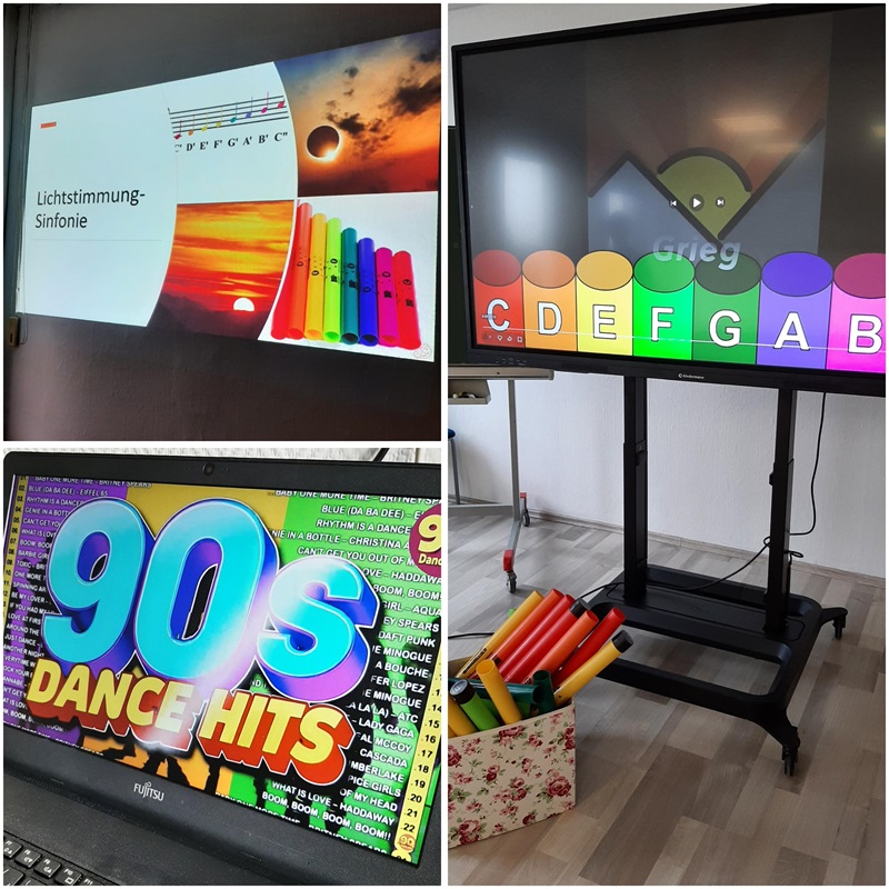 Bildcollage mit musikalischen und digitalen Stationen vom Tag der offenen Tür der Euro Akademie Rochlitz. Gezeigt werden eine Präsentation zur Lichtstimmung-Sinfonie, buntfarbige Boomwhackers auf einem interaktiven Display, eine Auswahl an Musikvisualisierungen sowie ein Laptop mit einer 90s-Dance-Hits-Oberfläche. Besucherinnen und Besucher konnten mithilfe digitaler Medien und Rhythmusinstrumente kreativ experimentieren und erfahren, wie Musikpädagogik in der Ausbildung zum Sozialassistenten und Erzieher eingesetzt wird.