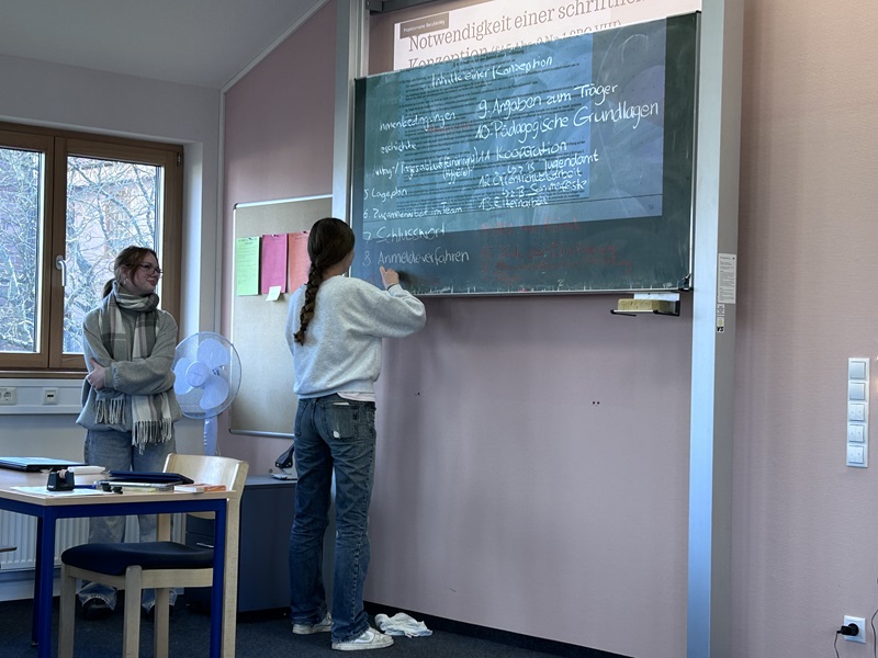 In einem Klassenraum der Euro Akademie Tauberbischofsheim steht eine Schülerin vor einer grünen Tafel und schreibt mit Kreide. Die Tafel ist mit mehreren handschriftlichen Notizen in weißer Kreide beschrieben, darunter Überschriften und Aufzählungspunkte zu einem Thema, das sich mit der Notwendigkeit einer schriftlichen Konzeption befasst. Neben der Schülerin steht eine weitere Person, die einen Schal und eine Jacke trägt und die Szene beobachtet. Im Raum befinden sich Tische und Stühle, an einem Tisch liegen einige Bücher und Hefte. Ein Fenster auf der linken Seite lässt Tageslicht herein, und ein Ventilator steht auf einem Tisch nahe der Wand. Die Wand ist hellrosa gestrichen, und an der rechten Seite sind mehrere Lichtschalter zu sehen. Die Szene zeigt eine spontane Unterrichtsstunde, die im Rahmen des „aktiven“ Adventskalenders organisiert wurde.