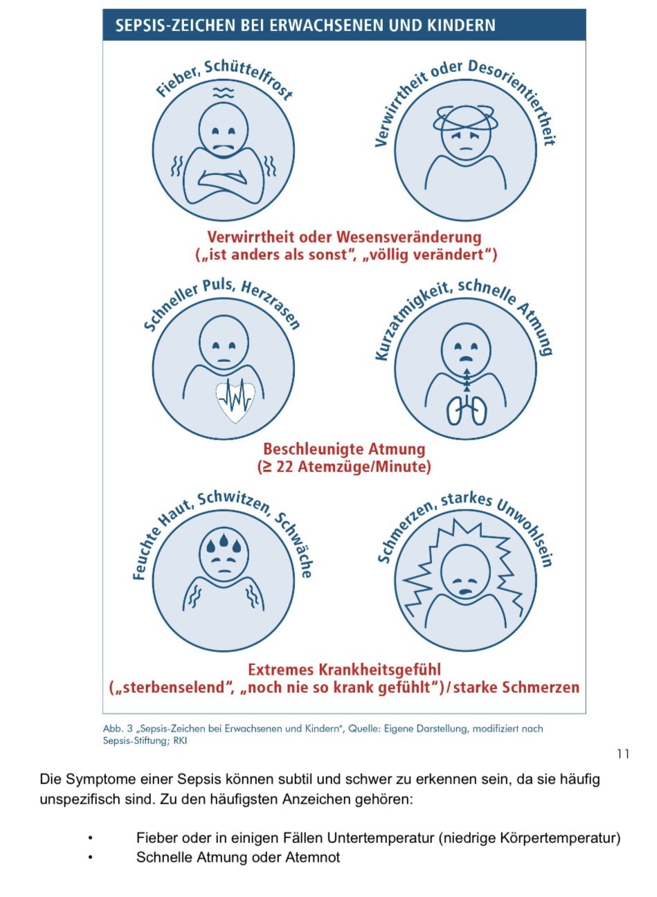 Sepsis geht uns alle an! Ein weißes Dokument mit schwarzer Schrift und hellblauen und grünen Diagrammen, in dem es um Aufklärung bei einer Blutvergiftung geht.