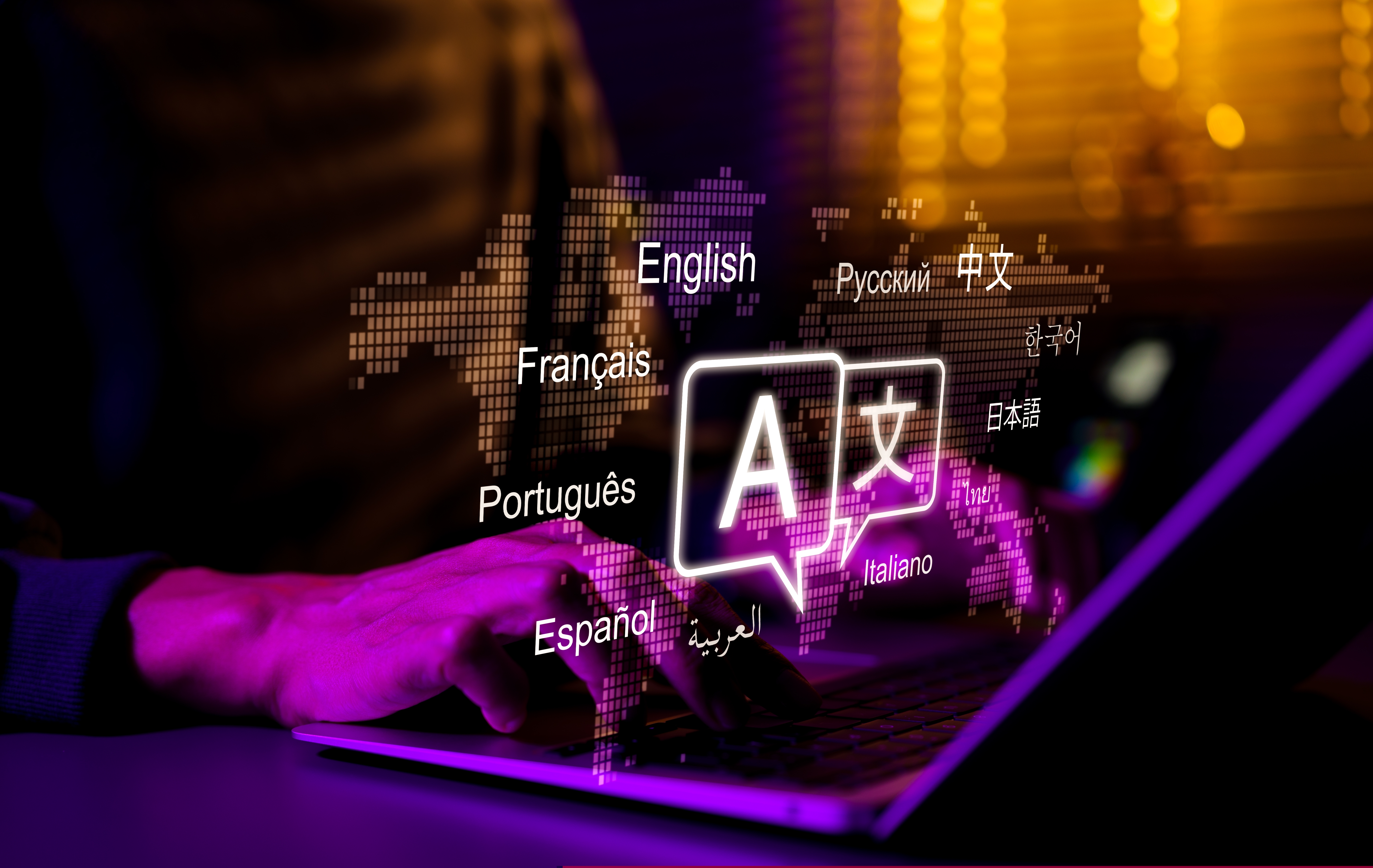 Zwei Hände tippen auf eine Tastatur. Darüber steht in großen lila Buchstaben "KI" und verschiedene Sprachen in ihrer eigenen Sprache.
