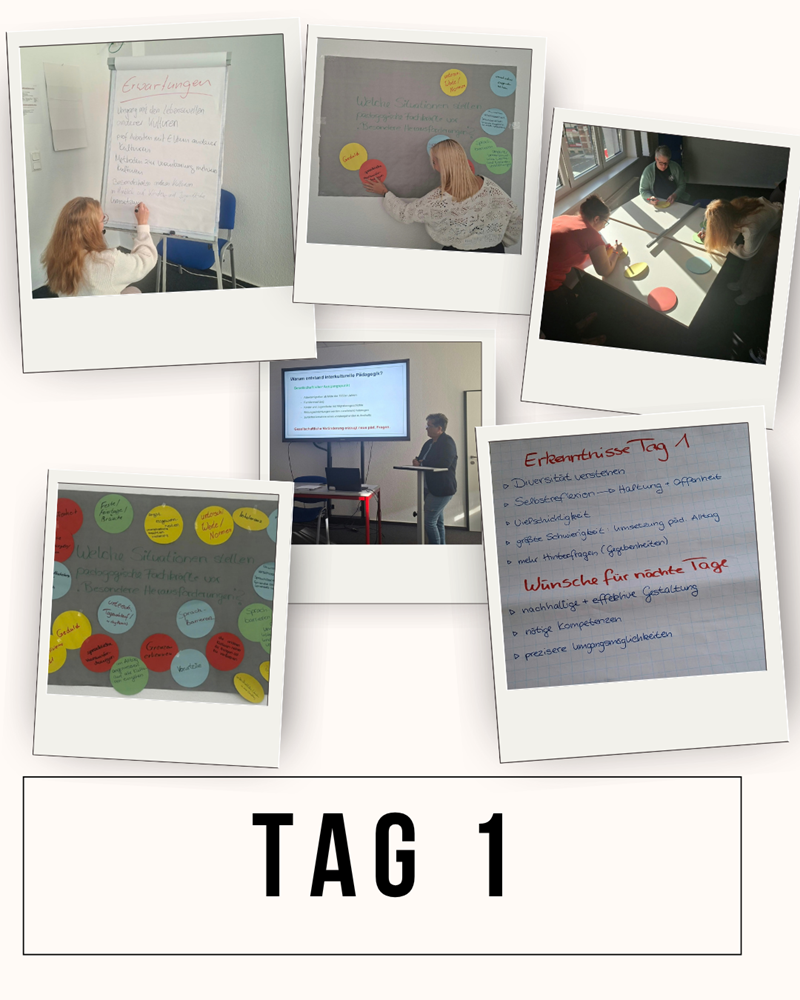Mehrere Farbfotos zeigen verschiedene Szenen aus einem Seminarraum. Auf einem Bild schreibt eine Person mit einem Marker auf ein Flipchart, auf einem anderen klebt eine Person bunte Kreise auf ein Plakat. Ein weiteres Bild zeigt eine Gruppe, die auf dem Boden sitzt und arbeitet. Ein Monitor mit einer Präsentation ist zu sehen, daneben ein Plakat mit handgeschriebenen Notizen und bunten Kreisen. Unten steht in großen, klaren Buchstaben: 'TAG 1'.