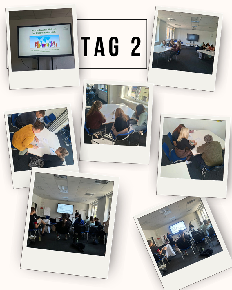 Mehrere Polaroid-ähnliche Fotos sind auf einer weißen Fläche angeordnet. Im Zentrum steht ein großes Feld mit der Aufschrift 'TAG 2'. Die einzelnen Bilder zeigen verschiedene Szenen aus einem Seminarraum: Menschen sitzen an Tischen, arbeiten gemeinsam oder hören einer Präsentation zu. Auf einem Bildschirm ist eine Folie mit farbigen Piktogrammen und dem Titel 'Interkulturelle Bildung' zu sehen. Die Atmosphäre wirkt sachlich und konzentriert.