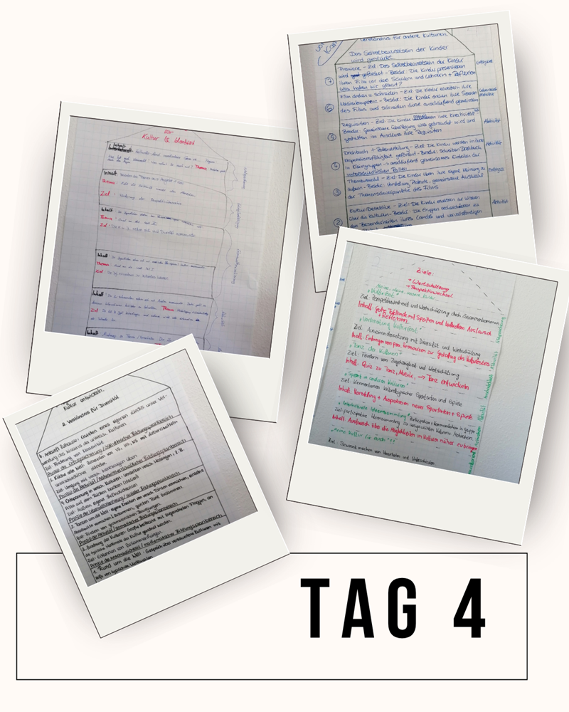 Vier übereinandergelegte Polaroid-Fotos zeigen handschriftliche Notizen auf weißem Papier. Die Notizen sind in verschiedenen Farben wie Schwarz, Rot, Blau und Grün verfasst. Die Blätter sind teilweise liniiert oder kariert. Im unteren Bereich steht in großen, schwarzen Großbuchstaben der Text 'TAG 4'. Der Hintergrund ist einfarbig und hell.