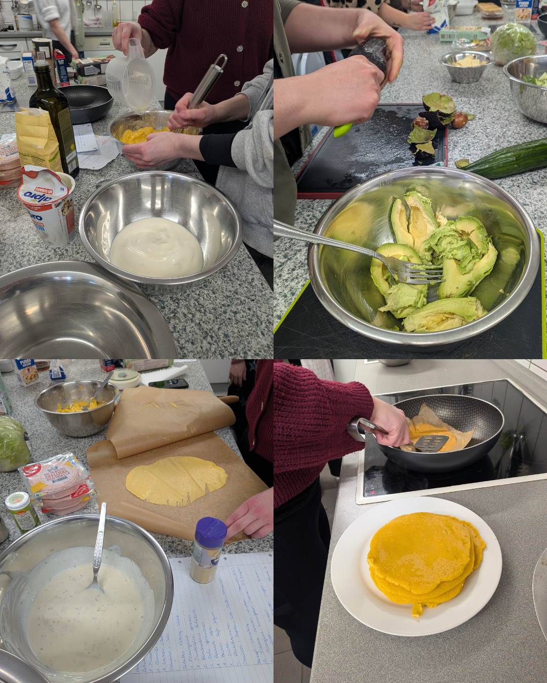 Collage aus vier Zubereitungsschritten in der Schulküche: Zutaten werden verrührt, Avocados werden vorbereitet, Teig wird ausgerollt und in der Pfanne gebacken, daneben ein Stapel fertig gebratener Fladen.