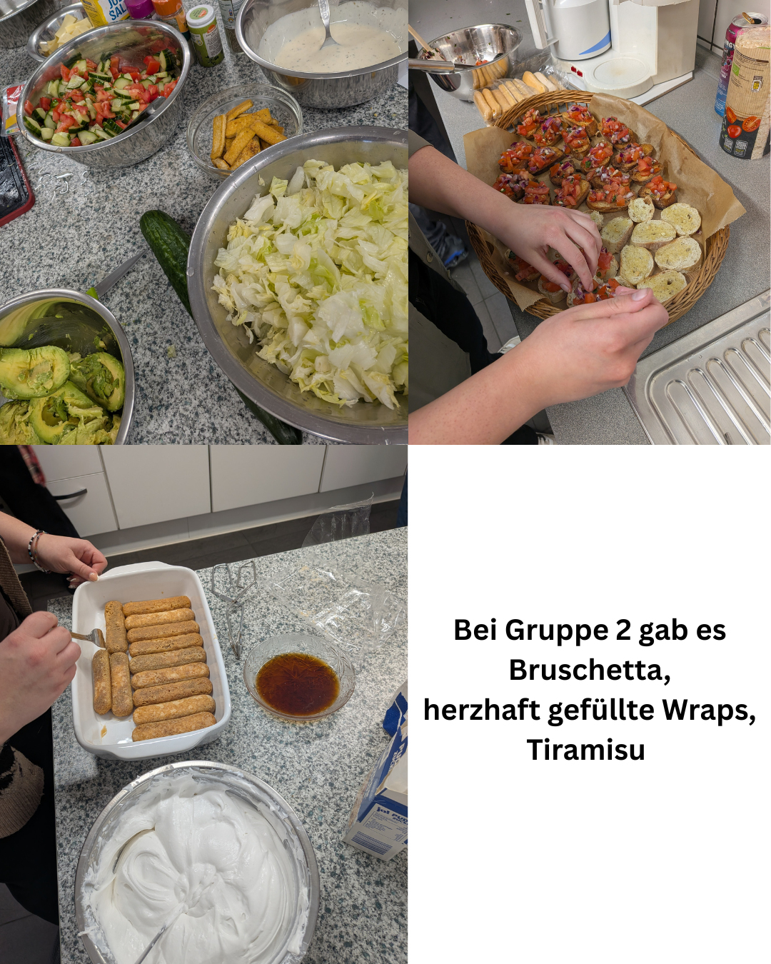Collage mit vorbereiteten Zutaten und Speisen von Gruppe 2: verschiedene Salate, belegte Bruschetta, die Zubereitung eines Desserts sowie ein Textfeld mit der Menübeschreibung.