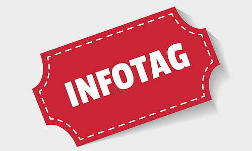 Die Aufschrift "Infotag" in großen weißen Lettern befindet sich auf einem roten Schild auf hellgrauem Hintergrund.
