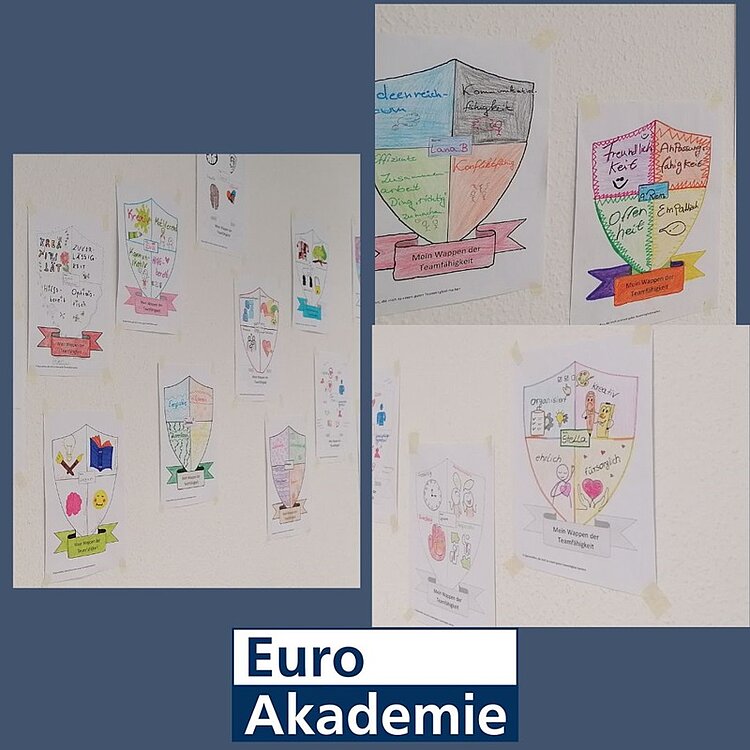 Teamwork Collage der selbst gemalten Wappen zum Thema Teamwork.