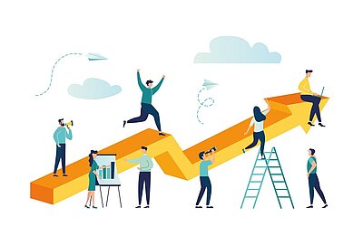Eine Illustration zeigt ein Team von Menschen, die gemeinsam an einem aufwärts gerichteten Pfeil arbeiten. Einige Personen analysieren Diagramme, andere nutzen Ferngläser, klettern auf Leitern oder arbeiten an Laptops. Die Szene symbolisiert Wachstum, Karriere, Fortschritt und Teamwork in einem beruflichen Kontext.