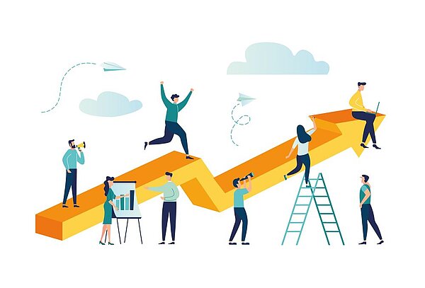 Eine Illustration zeigt ein Team von Menschen, die gemeinsam an einem aufwärts gerichteten Pfeil arbeiten. Einige Personen analysieren Diagramme, andere nutzen Ferngläser, klettern auf Leitern oder arbeiten an Laptops. Die Szene symbolisiert Wachstum, Karriere, Fortschritt und Teamwork in einem beruflichen Kontext.