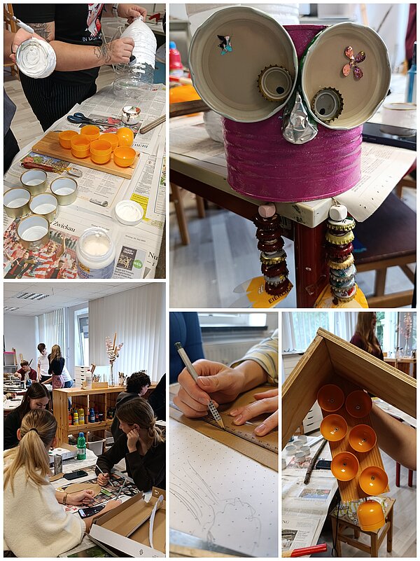 Collage aus einem Upcycling-Workshop mit verschiedenen Arbeitsschritten: Teilnehmende bearbeiten Dosen und andere Alltagsmaterialien, zeichnen Entwürfe und bauen daraus kreative Objekte wie eine Eulenfigur.
