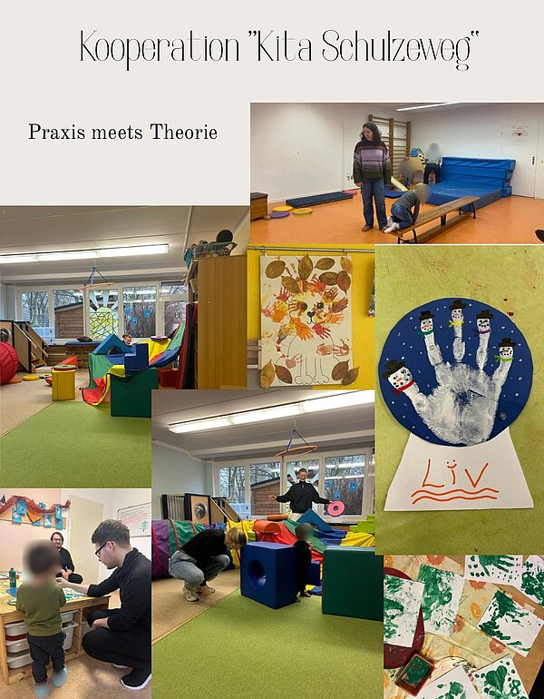 Collage mit Eindrücken aus der Kooperation „Kita Schulzweg“: Oben steht in dekorativer Schrift „Kooperation ‚Kita Schulzweg‘ – Praxis meets Theorie“. Darunter zeigen mehrere Fotos eine Kita-Gruppe in Bewegungs- und Spielräumen, in denen Kinder mit pädagogischen Fachkräften an Kletter- und Spielmaterialien arbeiten; die Gesichter der Kinder sind unkenntlich gemacht. Ergänzt werden die Szenen durch Fotos von herbstlicher und winterlicher Bastelkunst, unter anderem ein Handabdruck-Schneemannbild und mit Stempeln gestaltete Blätter.