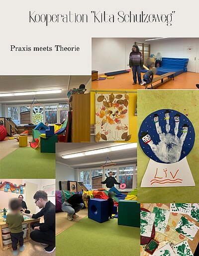 Collage mit Eindrücken aus der Kooperation „Kita Schulzweg“: Oben steht in dekorativer Schrift „Kooperation ‚Kita Schulzweg‘ – Praxis meets Theorie“. Darunter zeigen mehrere Fotos eine Kita-Gruppe in Bewegungs- und Spielräumen, in denen Kinder mit pädagogischen Fachkräften an Kletter- und Spielmaterialien arbeiten; die Gesichter der Kinder sind unkenntlich gemacht. Ergänzt werden die Szenen durch Fotos von herbstlicher und winterlicher Bastelkunst, unter anderem ein Handabdruck-Schneemannbild und mit Stempeln gestaltete Blätter.