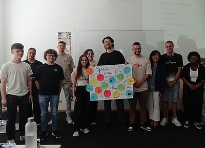 Die Auszubildenden posieren für ein Klassenfoto und halten ihre selbst gestaltete Collage hoch, auf dem ihre Namen und Geburtstage stehen.