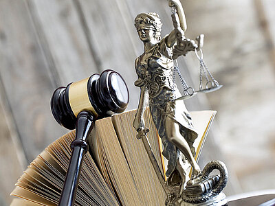 Eine Statue der Justitia, ein Hammer und ein Buch symbolisieren das Rechtssystem.