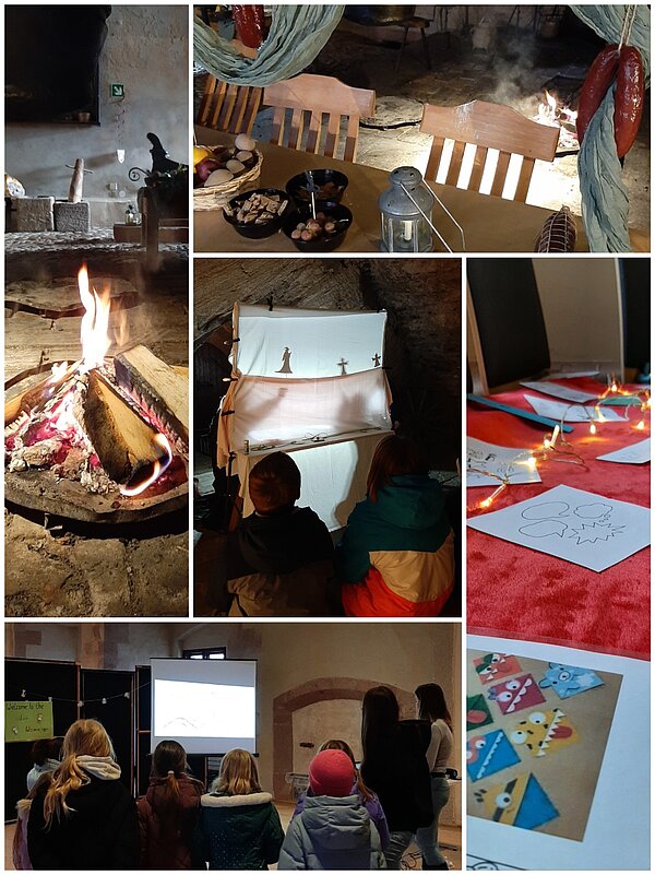 Collage aus einem historischen Gewölberaum: offenes Feuer und gedeckter Tisch, Schattentheater mit Silhouetten, Kinder sehen eine Projektion, Bastelvorlagen auf rotem Tisch mit Lichterkette.