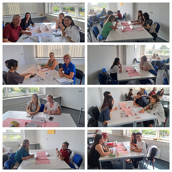Speed-Dating für Pflegefachkräfte: Eine gelungene Vorbereitung für die Ausbildung Zu sehen ist eine Kollage von Bildern, sie die Teilnehmerinnen und Teilnehmer des Speed-Datings einzeln oder in Gruppen zeigt, wie sie an Tischen sitzen