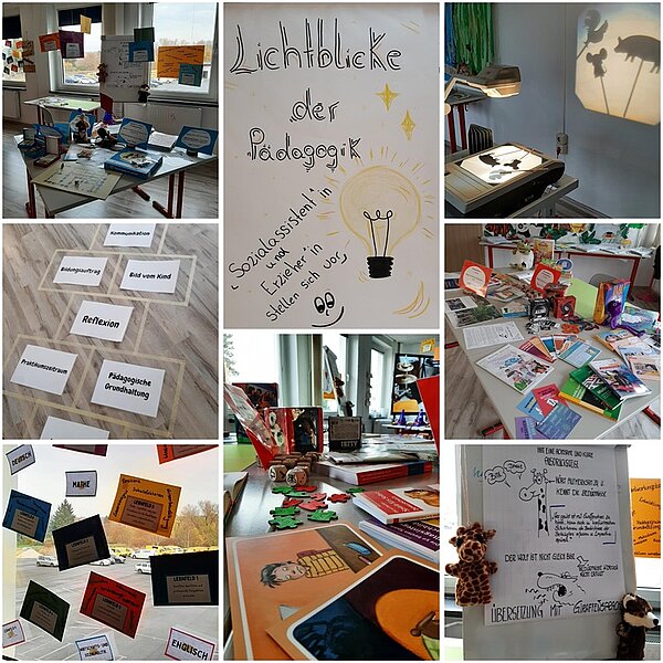 Bildcollage vom Tag der offenen Tür an der Euro Akademie Rochlitz unter dem Motto Die Magie des Lichtes. Die Fotos zeigen verschiedene pädagogische und kreative Mitmachstationen aus den Ausbildungen Sozialassistenz und Erziehung. Zu sehen sind ein Präsentationstisch mit Lernmaterialien, ein von Lernenden gestaltetes Plakat mit der Überschrift Lichtblicke der Pädagogik, Schattenfiguren auf einem Overheadprojektor, pädagogische Fachliteratur, Bildkarten, Reflexionsbegriffe sowie thematische Arbeitsmaterialien. Die Collage vermittelt einen Einblick in die vielfältigen Aufgabenfelder der pädagogischen Berufe und die kreative Auseinandersetzung mit dem Thema Licht.