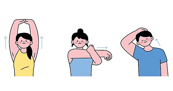 Gezeichnete weibliche und männliche Figuren führen präventive Übungen zur Rückengesundheit durch. Sie lächeln dabei und zeigen verschiedene Dehnübungen für Arme, Schultern und Nacken zur Förderung einer gesunden Körperhaltung.