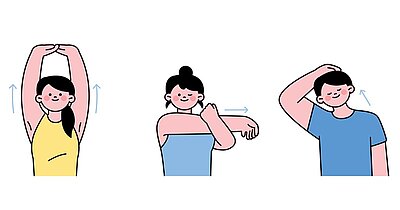 Gezeichnete weibliche und männliche Figuren führen präventive Übungen zur Rückengesundheit durch. Sie lächeln dabei und zeigen verschiedene Dehnübungen für Arme, Schultern und Nacken zur Förderung einer gesunden Körperhaltung.