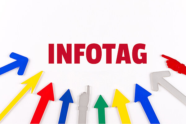 Informationstag an der Euro Akademie Magdeburg Unter der Aufschrift "Infotag" in großen roten Lettern auf weißem Hintergrund zeigen bunte Pfeile in einem Halbkreis angeordnet auf diese Aufschrift.