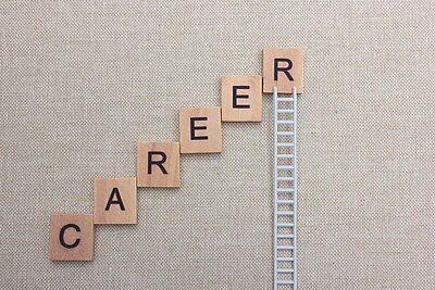 Auf einem beigen gewebten Untergrund liegen viereckige Plättchen aus Holz, angeordnet wie Treppenstufen nach oben, auf jedem der Holzplättchen stehen Buchstaben die das Wort Career ergeben, am letzten Buchstaben R, der am höchsten steht, ist eine kleine Leiter platziert, die die Karriereleiter nach oben symbolisiert.