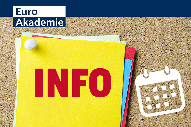 Die Aufschrift "Info" in roten Lettern steht auf einem gelben Zettel, der mit andern bunten Zetteln auf einer Pinnwand angepinnt ist. Daneben ist eine Grafik zu sehen, die einen Kalender symbolisieren soll.