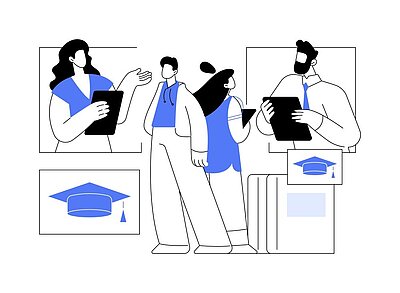 Eine Illustration zeigt eine Szene mit vier Personen in einem akademischen oder Bildungszusammenhang.  Links oben steht eine Person mit einem Tablet in der Hand und scheint etwas zu erklären oder zu präsentieren.  In der Mitte stehen zwei Personen, eine mit einem Rucksack und einem Tablet, die sich unterhalten oder zuhören.  Rechts steht eine weitere Person mit Tablet und Krawatte, die ebenfalls auf das Tablet schaut.  Im Vordergrund und Hintergrund sind Symbole wie ein Podest mit einem Graduiertenhut sowie ein Bild eines Graduiertenhutes zu sehen, was auf Bildung, Abschluss oder akademische Erfolge hinweist