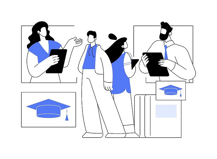 Eine Illustration zeigt eine Szene mit vier Personen in einem akademischen oder Bildungszusammenhang.  Links oben steht eine Person mit einem Tablet in der Hand und scheint etwas zu erklären oder zu präsentieren.  In der Mitte stehen zwei Personen, eine mit einem Rucksack und einem Tablet, die sich unterhalten oder zuhören.  Rechts steht eine weitere Person mit Tablet und Krawatte, die ebenfalls auf das Tablet schaut.  Im Vordergrund und Hintergrund sind Symbole wie ein Podest mit einem Graduiertenhut sowie ein Bild eines Graduiertenhutes zu sehen, was auf Bildung, Abschluss oder akademische Erfolge hinweist