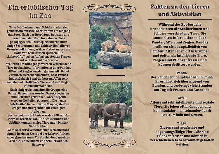 Oben links steht eine Überschrift in großer Schrift: 'Ein erlebnisreicher Tag im Zoo'. Darunter folgt ein Fließtext, der von einem Schulausflug in den Zoo berichtet. Rechts daneben befindet sich eine weitere Überschrift: 'Fakten zu den Tieren und Aktivitäten'. Darunter sind mehrere Absätze mit Informationen zu Löwen, Elefanten, Pandas, Affen und Ziegen. In der rechten oberen Bildhälfte liegt eine Löwengruppe auf einem Felsen, umgeben von Felsen und Pflanzen. Darunter ist ein Foto von zwei Elefanten, die auf einer Wiese stehen, im Hintergrund Bäume und ein Zaun. Das Layout ist zweispaltig, die Fotos sind jeweils von Text umgeben.