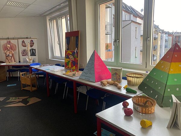 Ein Klassenzimmer mit mehreren Tischen, auf denen Lehrmaterialien wie ein Skelettmodell, ein Puppentheater und eine große, bunte Nahrungspyramide aus Pappe zu sehen sind. Im Hintergrund sind Fenster mit Blick auf Wohnhäuser.