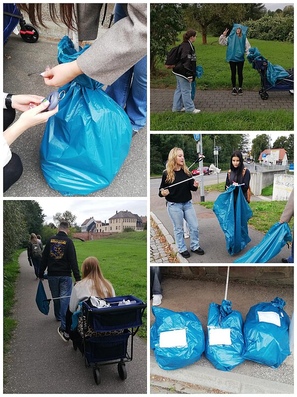 Collage einer Müllsammelaktion im Freien: Teilnehmende sammeln mit Greifzangen Abfälle entlang von Wegen und Grünflächen und verstauen den gesammelten Müll in großen blauen Säcken.