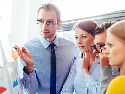 Vier Personen stehen vor einem Whiteboard und scheinen eine Diskussion oder ein Brainstorming zu führen. Der Mann links, der eine Brille und ein hellblaues Hemd mit Krawatte trägt, zeigt auf das Whiteboard und hält einen Marker in der Hand. Die anderen drei Personen, zwei Frauen und ein Mann, beobachten aufmerksam das Whiteboard und hören zu. Die Frau in der Mitte trägt ein hellblaues Oberteil und hat die Hand am Kinn, während die Frau rechts in einem grauen Pullover nachdenklich wirkt. Der Raum ist hell und modern, was auf ein Büro oder einen Besprechungsraum hindeutet.