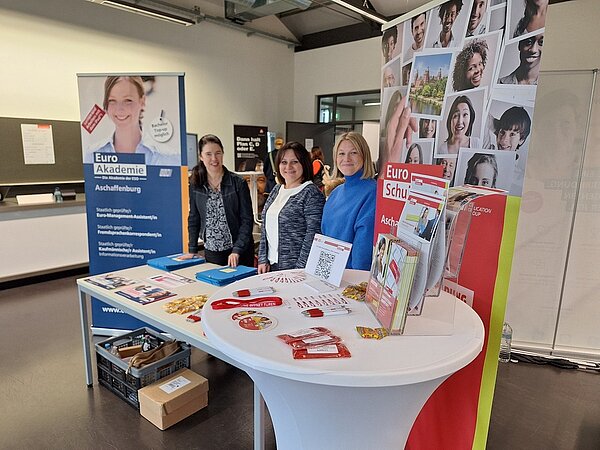 Frau Beller, Frau Crétien und Frau May strahlen am Messestand neben dem Roll-up der Euro-Schulen um die Wette in die Kamera. Auch einige Messegeschenke sind auf den Tischen zu sehen.