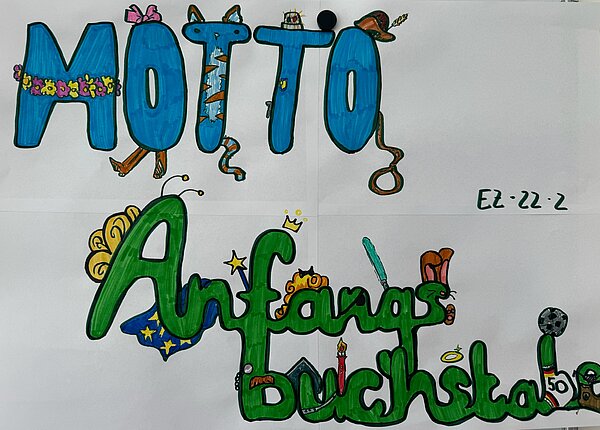 Erzieher*innen 22-2 verabschieden sich ins Abschlusspraktikum mit Mottowoche Ein weiteres Motto-Plakat mit dem Titel "Motto Anfangsbuchstabe". Die Buchstaben sind kreativ verziert, mit Elementen wie einer Krone, einer Feder, einem Fußball und einem Zauberstab. Die Gestaltung wirkt spielerisch und einladend.