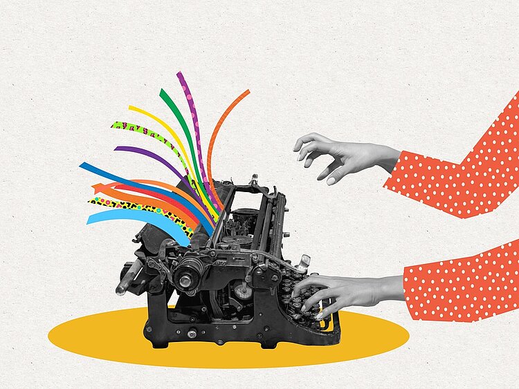 Erneuter Erfolg beim Bayerischen Leistungsschreiben Die Grafik zeigt das Bild einer alten mechanischen Schreibmaschine. Eine Frau mit einem orange-weiß gepunktetem Oberteil tippt wild mit ihren (schwarz-weißen) Händen auf die Tastatur. Statt eines weißen Blattes kommen aus dem Auswurf der Schreibmaschine farbenfrohe Schnipsel heraus. Das Bild symbolisiert die Freude beim Maschinenschreiben.