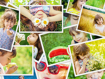 Eine Collage aus mehreren Fotos, die Kinder in verschiedenen sommerlichen Aktivitäten zeigen. Einige Kinder liegen im Gras, halten Blumen oder essen Wassermelonen. Andere Kinder tragen Sonnenbrillen oder genießen die Natur. Die Bilder vermitteln eine fröhliche und unbeschwerte Sommeratmosphäre.