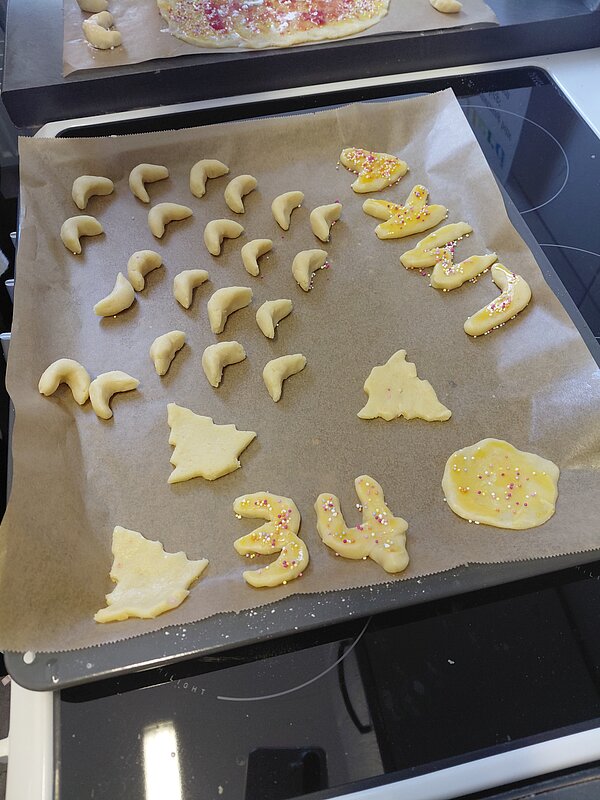 Eine mit Backpapier belegte Backblechfläche mit vielen rohen Vanillekipferln sowie ausgestochenen Plätzchen in Tannenbaum-, Mützen- und Zahlenform, teils mit bunten Zuckerstreuseln bestreut, vor einem E-Herd.