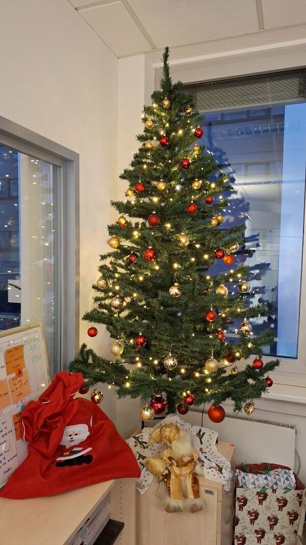 Gemeinsam auf Weihnachten freuen Ein Weihnachtsbaum mit roten und goldenen Kugeln sowie einer Lichterkette steht in einer Ecke eines Raums vor zwei Fenstern auf einem niedrigen Schrank. Davor sind ein Nikolausbeutel, eine Wichtelpuppe und eine Weihnachtstasche mit Geschenken drapiert.