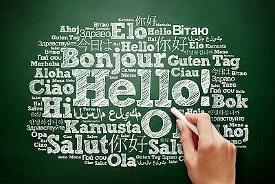 In einer Grafik ist wie mit weißer Kreide auf einer grünen Tafel das Wort "Hallo" in verschiedenen Sprachen kreisförmig angeordnet, wobei "Hello!" in der Mitte am größten geschrieben ist und daher hervorsticht. Eine Hand mit einem Kreidestück scheint etwas dazu zu schreiben.