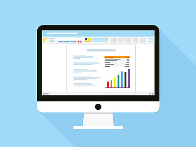 Auf dem Bildschirm ist eine Tabellenkalkulationssoftware oder ein Datenanalyse-Tool zu sehen. Im Hauptfenster sind mehrere Zeilen mit Daten oder Texten aufgelistet. Rechts daneben befindet sich ein Balkendiagramm mit farbigen Balken (rot, orange, gelb, blau, lila), das die Daten visualisiert. Oben im Fenster sind verschiedene Werkzeugleisten mit Symbolen für Funktionen wie Speichern, Rückgängig, Formatierung und Diagrammeinstellungen zu sehen. Der Hintergrund des Bildschirms ist hellblau.