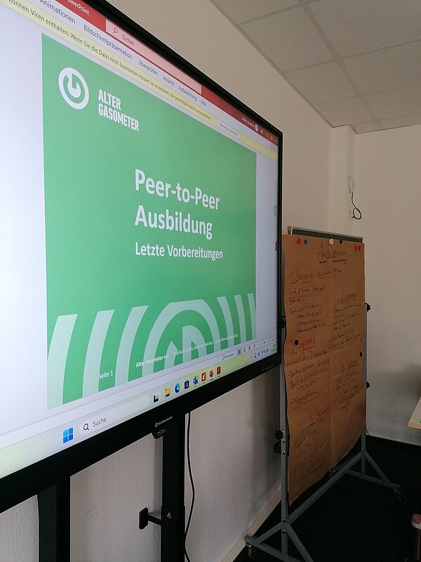 Bildschirm mit Folie „Peer-to-Peer Ausbildung – Letzte Vorbereitungen“ (Alter Gasometer); daneben Flipchart.